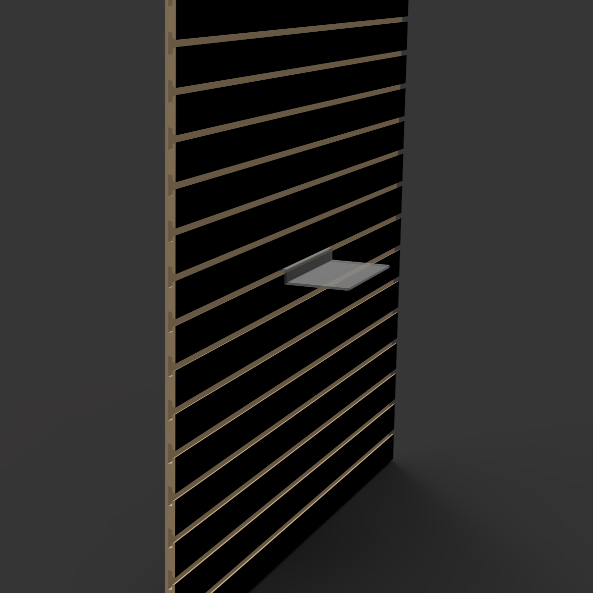 Heavy duty clear acrylic slatwall shelf installed on panel grooves