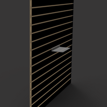 Heavy duty clear acrylic slatwall shelf installed on panel grooves