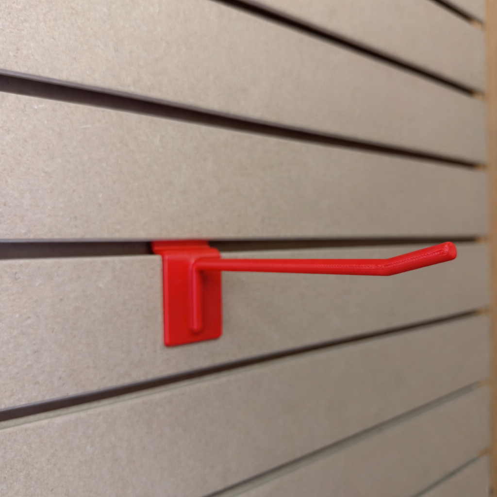 Ironleaf 6″ slatwall hook heavy duty reinforced polymer mounted on slatwall panel for secure displays.