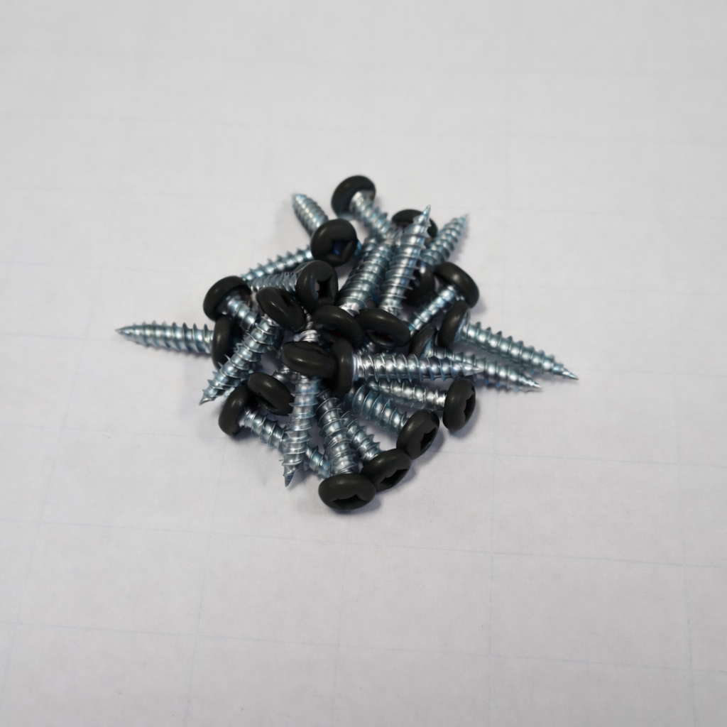 Color matched pan head screws robertson drive in a pile on a white background.