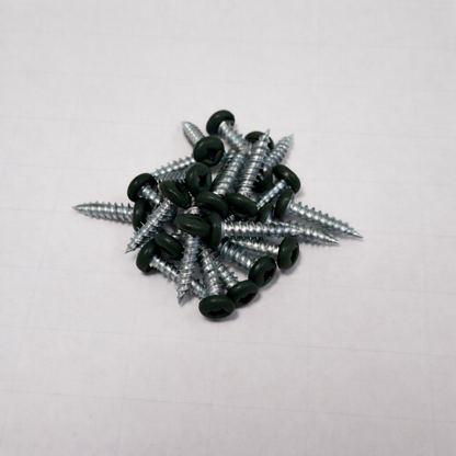 Color matched pan head screws robertson drive stacked in a pile, showcasing their sleek design and finish.