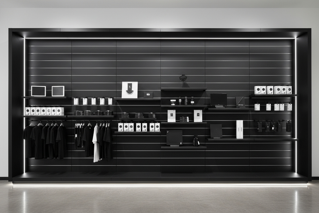 black 8ft slatwall panels covering a wall